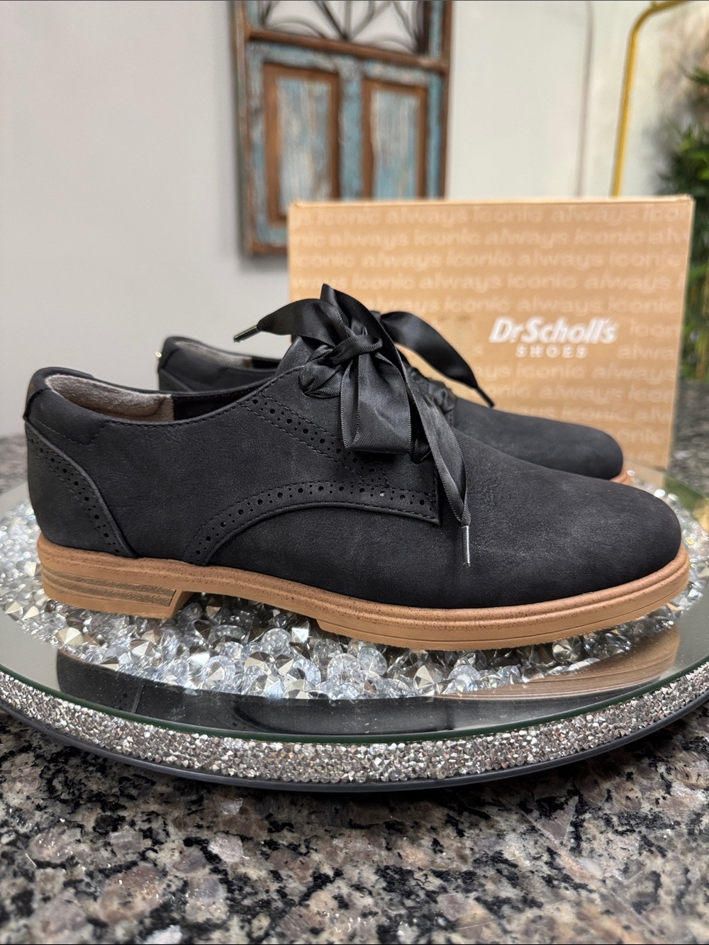 Dr. Scholl's Black Satin Ribbon Oxford Flats